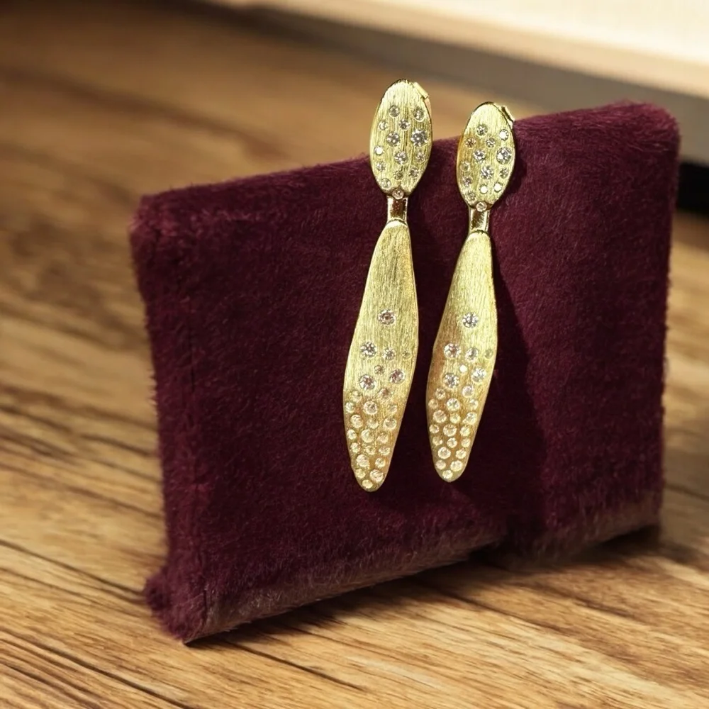 NEW Elegant Brushed Gold-Plated Sterling Silver Crystal Encrusted Drop Earrings